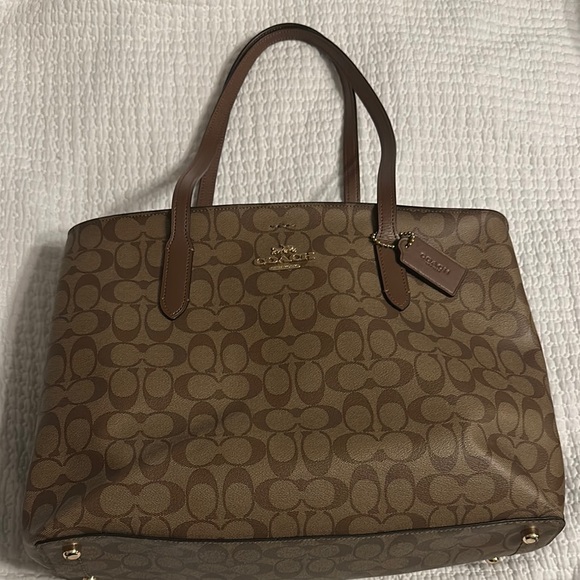 Coach Handbags - Coach Brown Monogram Tote with Leather Handles